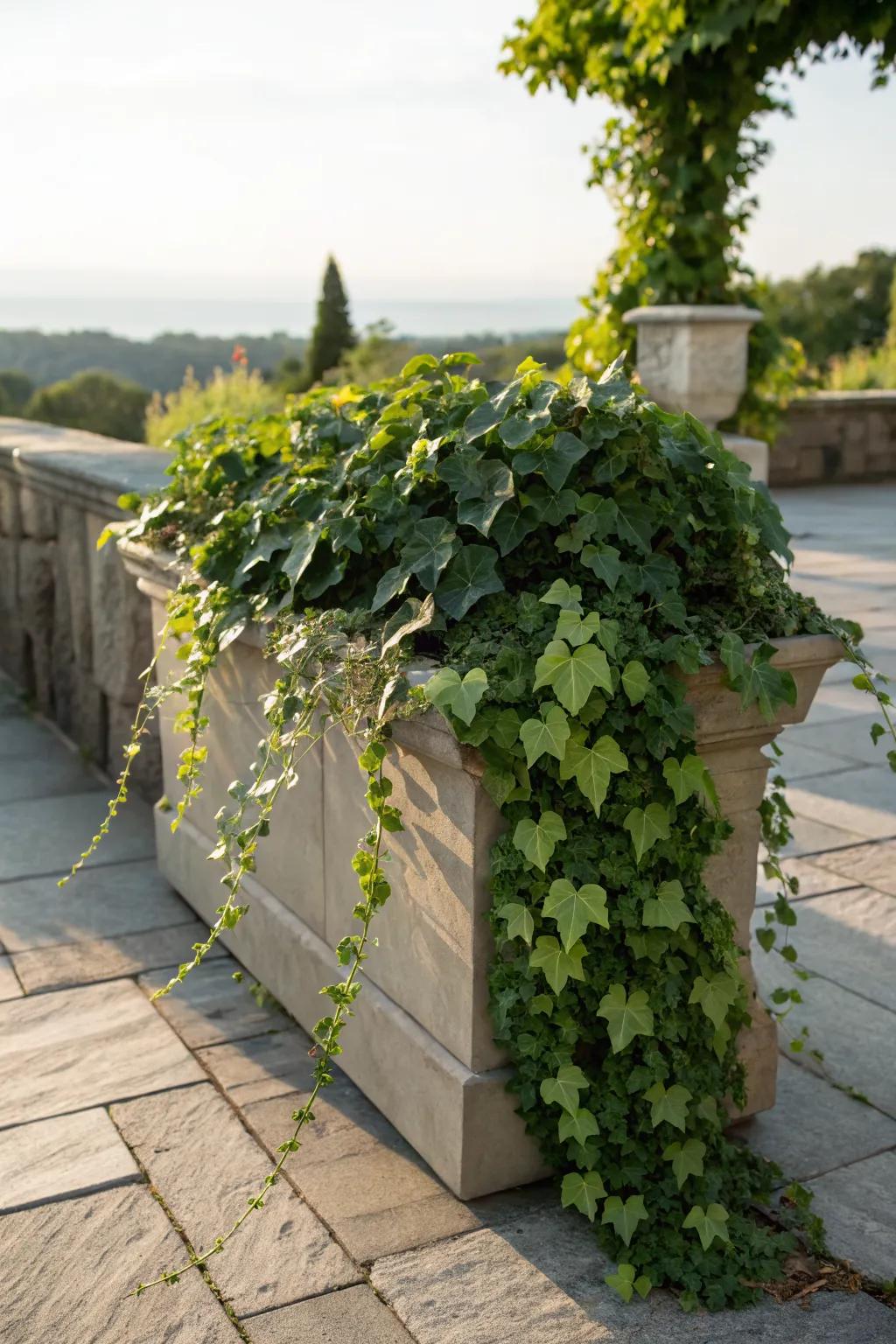 Draping ivy adds movement and dimension to flower boxes.