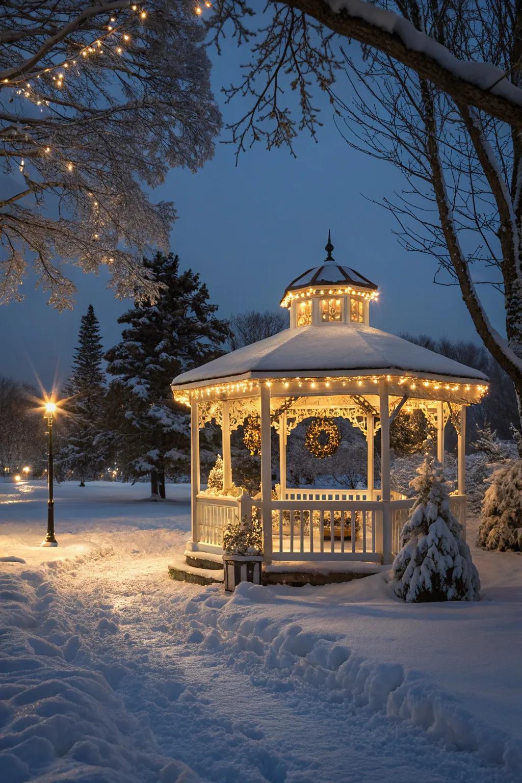 Soft lighting turns your gazebo into a magical winter evening escape.