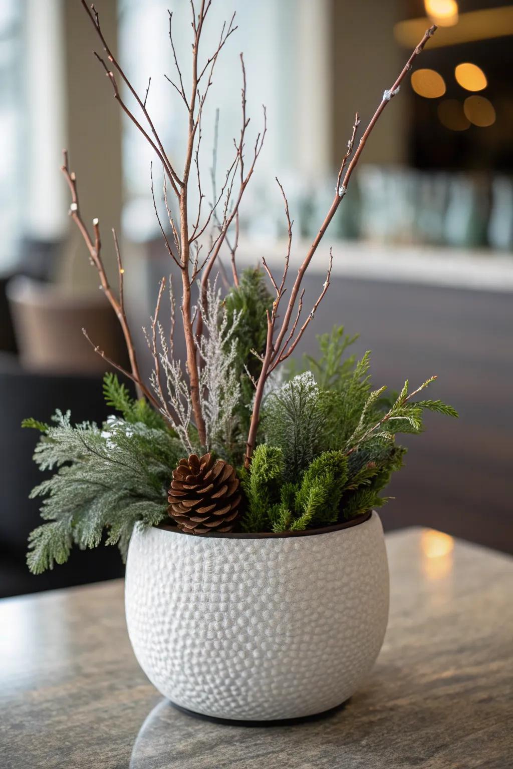 Modern pots bring a sleek look to winter decor.