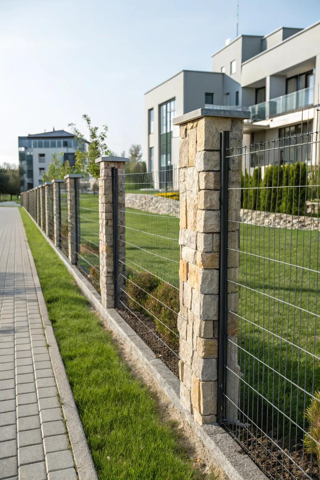 A striking combination of stone posts and wire mesh.