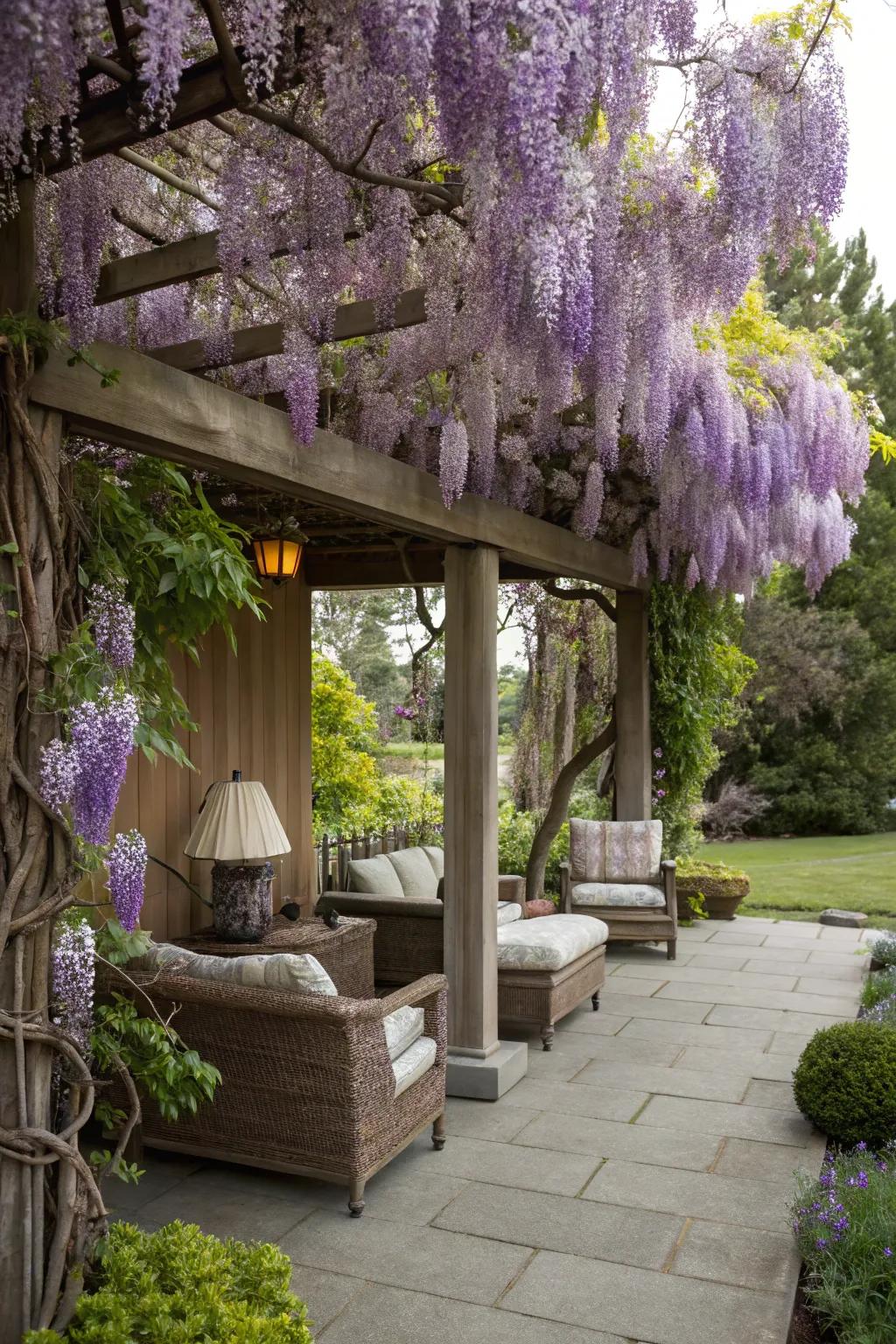 A cozy patio surrounded by wisteria, offering peace and privacy.