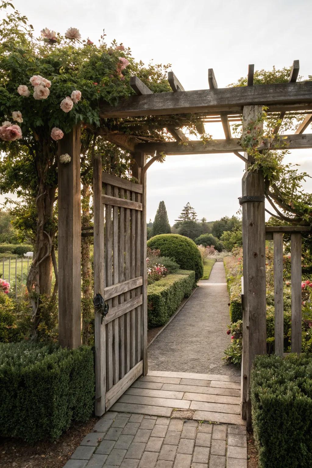 Wooden arbor with a gate, defining the garden entrance.