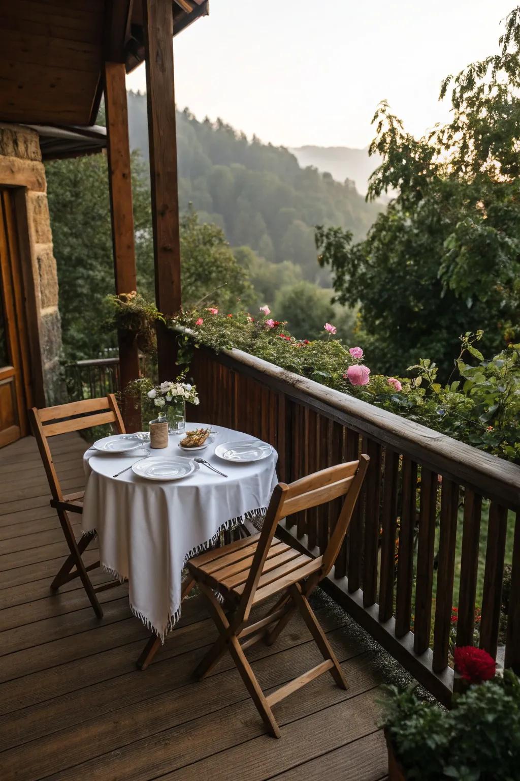 Enjoy meals on your balcony with a charming dining setup.