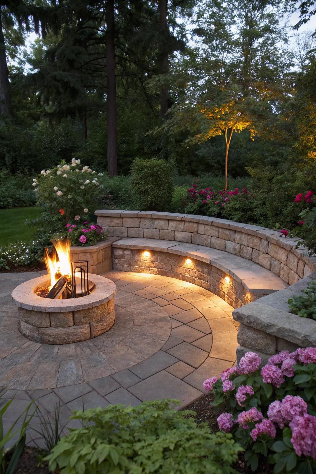 A fire pit with a seating wall offers comfort and style.