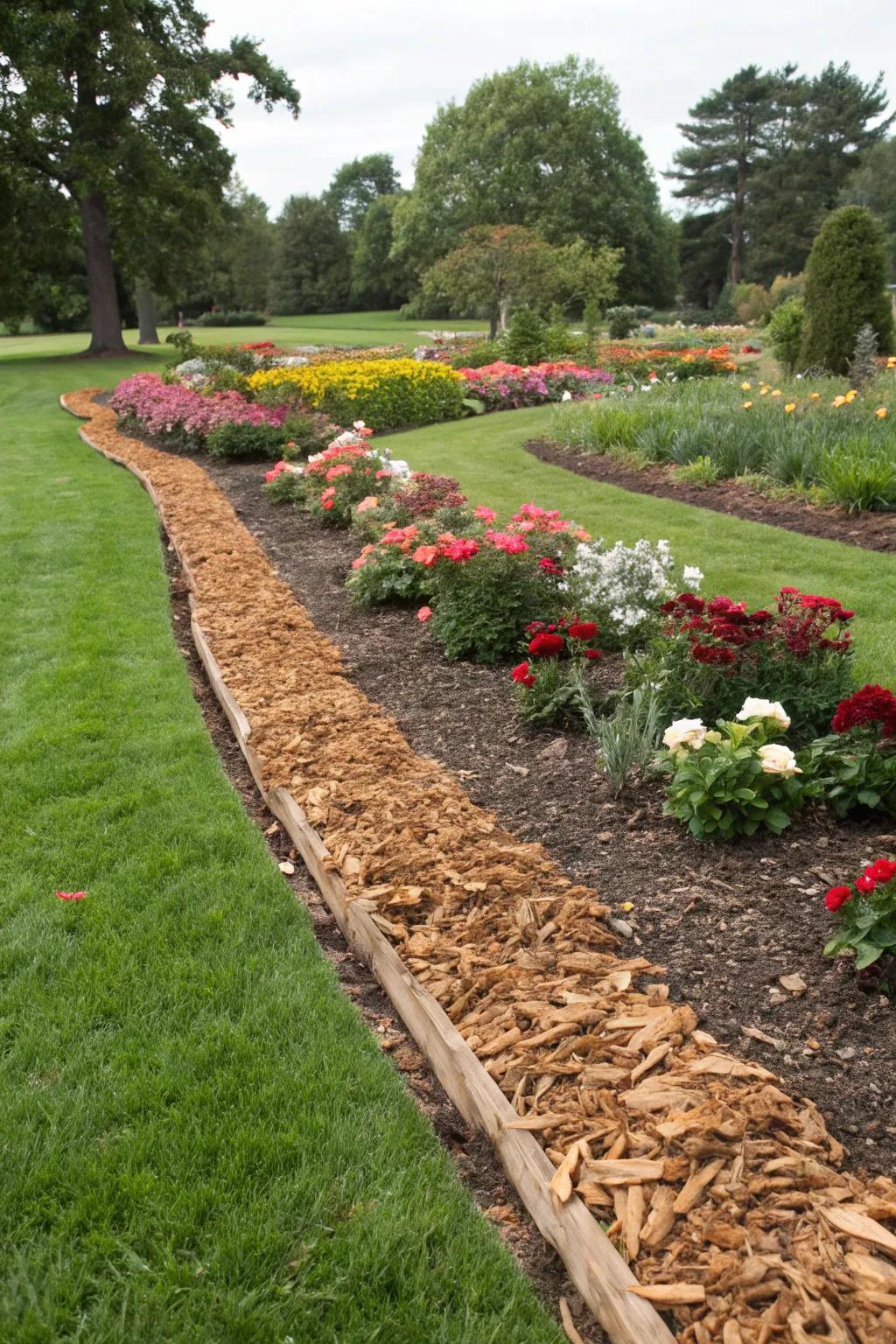 Neat and defined garden borders with wood chips.