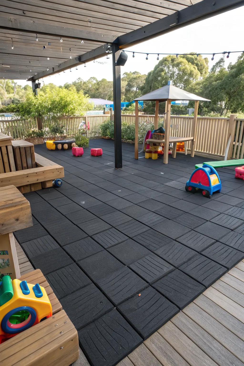 Rubber deck tiles provide a safe and durable surface.