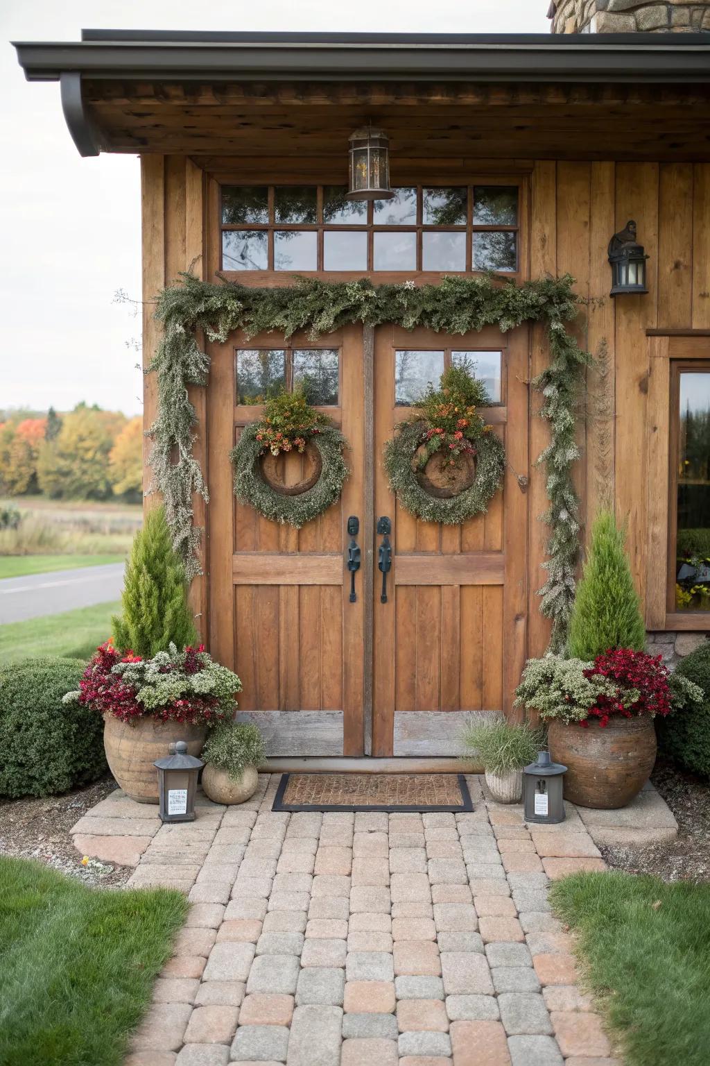 Seasonal decor brings life to a wooden front door.