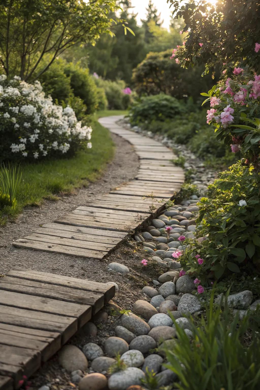 Combining wood and stone creates a striking contrast in garden design.
