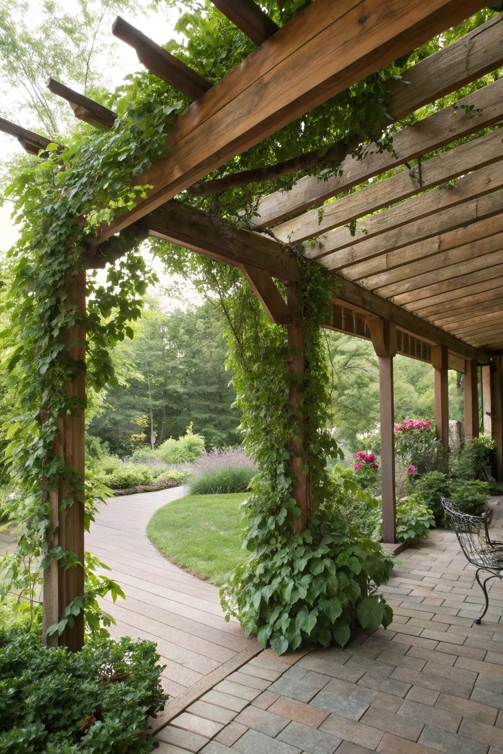 Blend your patio cover with nature by integrating greenery.