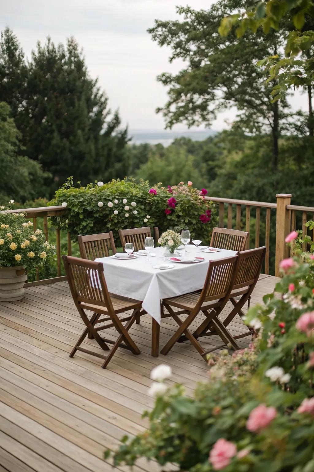 A wooden patio deck with a charming dining area.