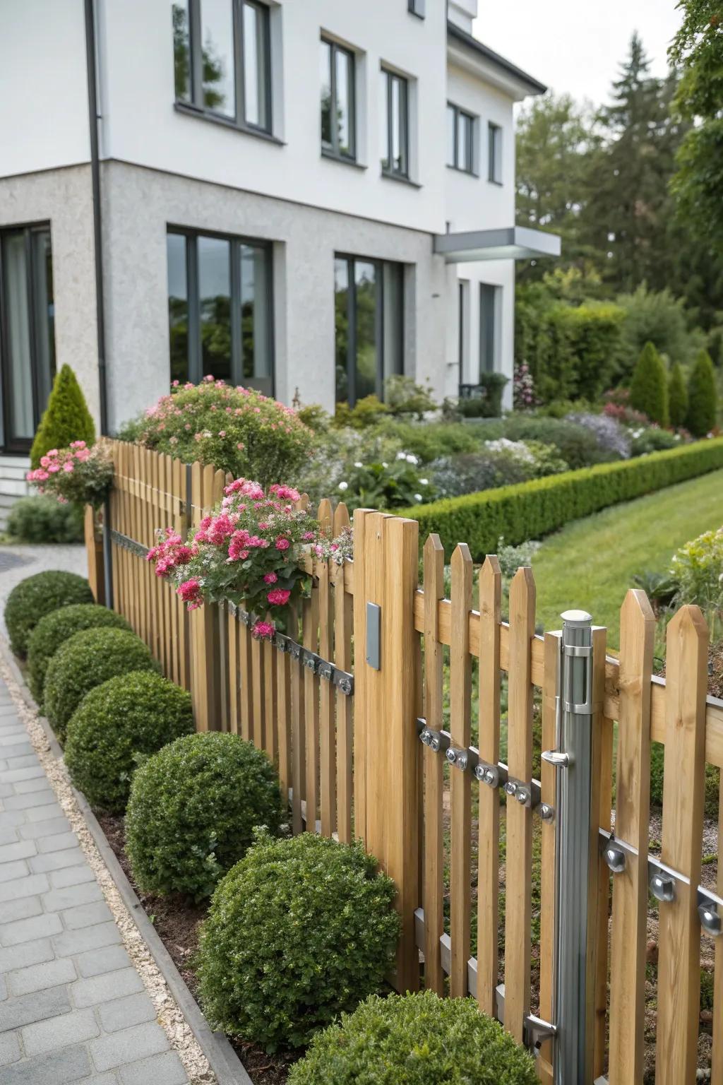 A modern twist: wood picket fence with sleek metal accents.