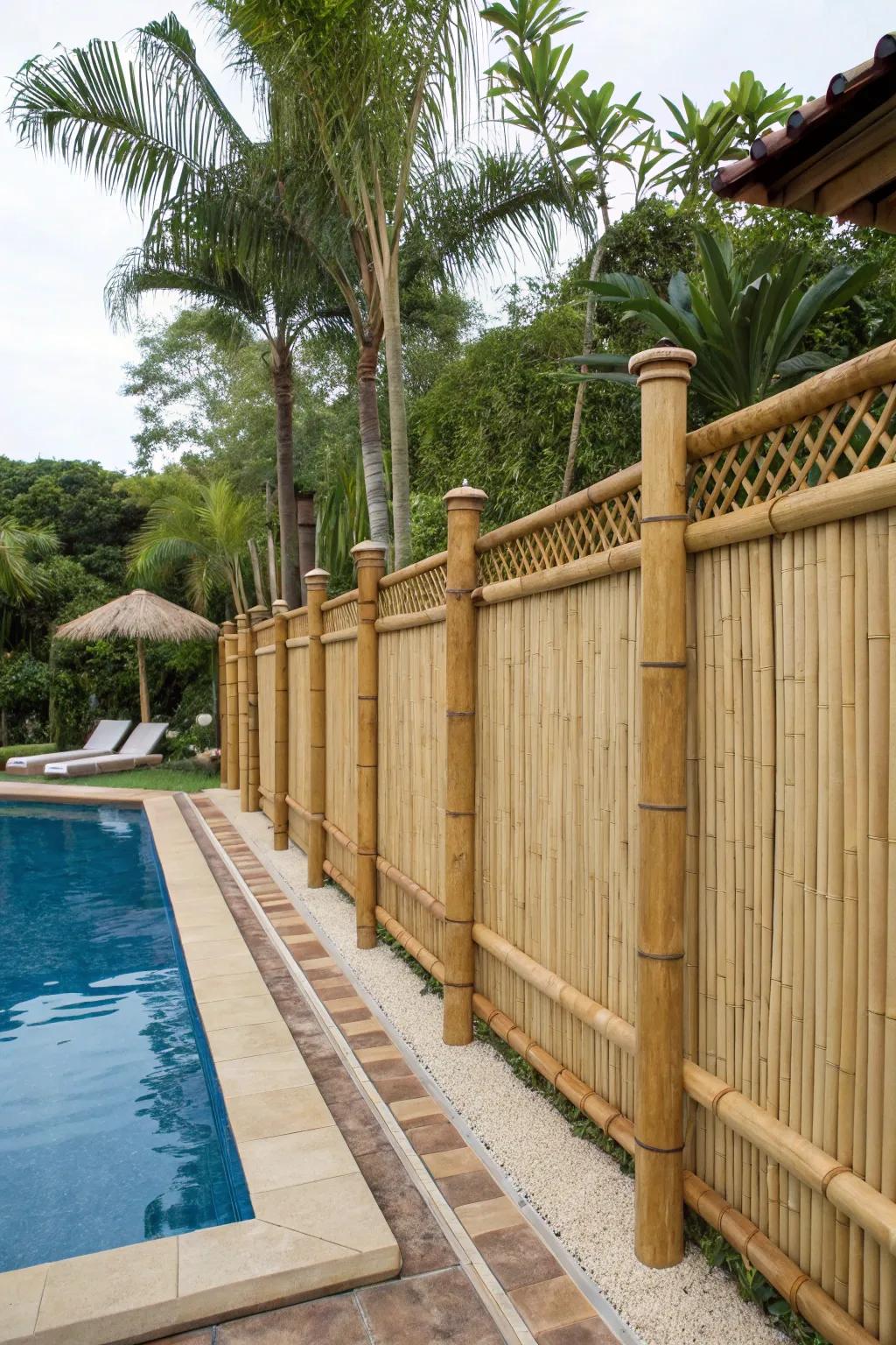 Bamboo and wood create a tropical fusion for a unique poolside look.