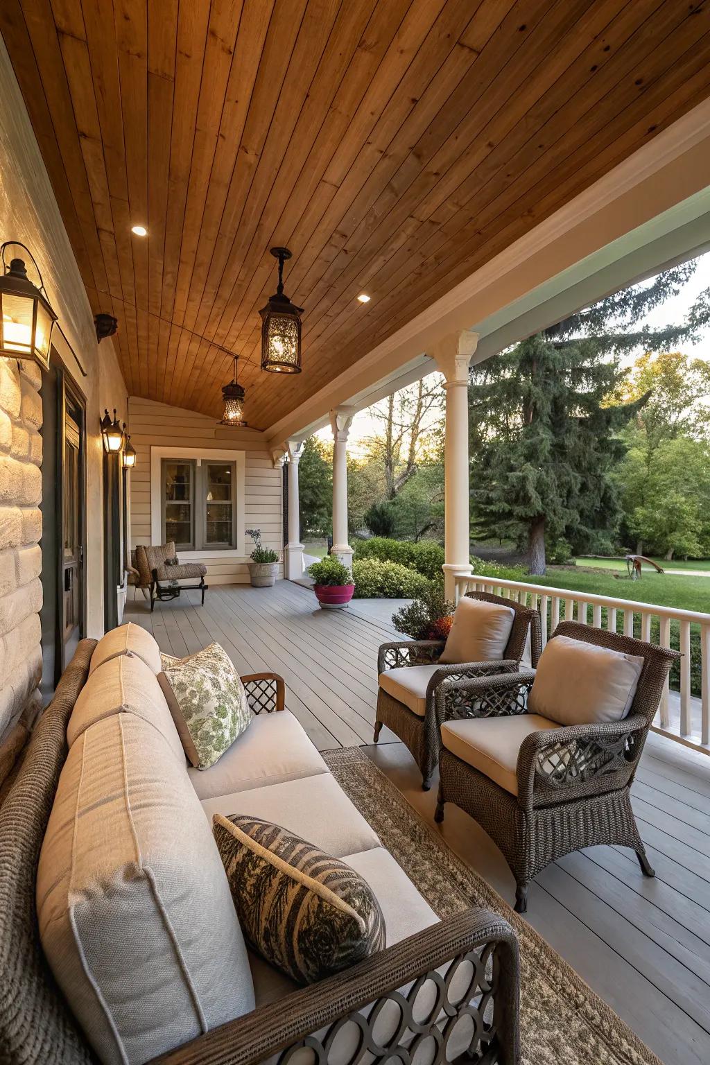Comfortable seating turns a porch into a living space.