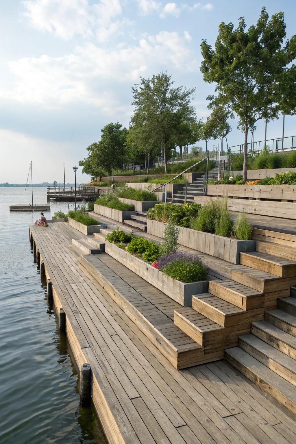 Tiered seawall design adds depth and multifunctionality to the waterfront.