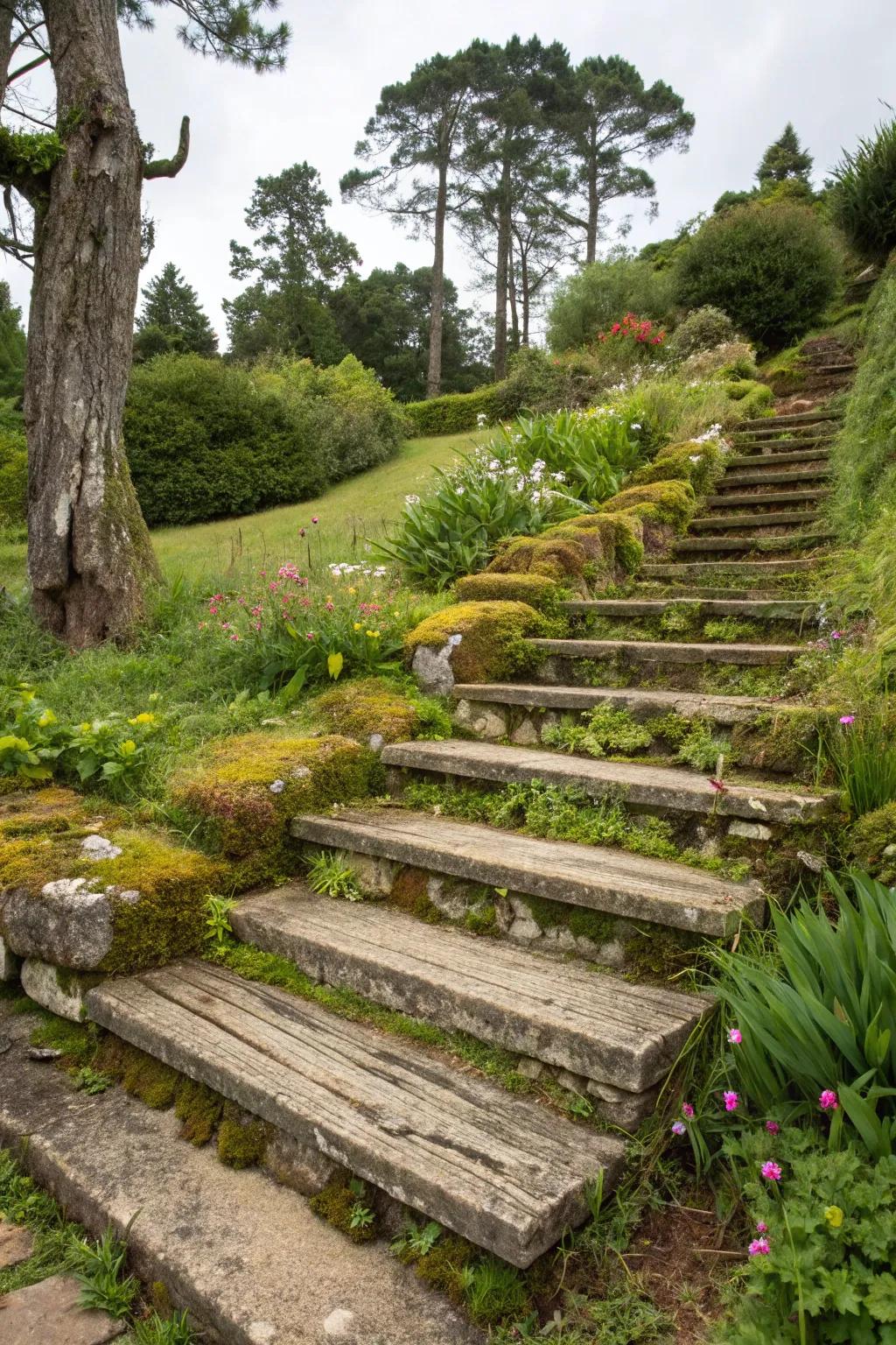 Weathered wooden steps providing a rustic garden charm.