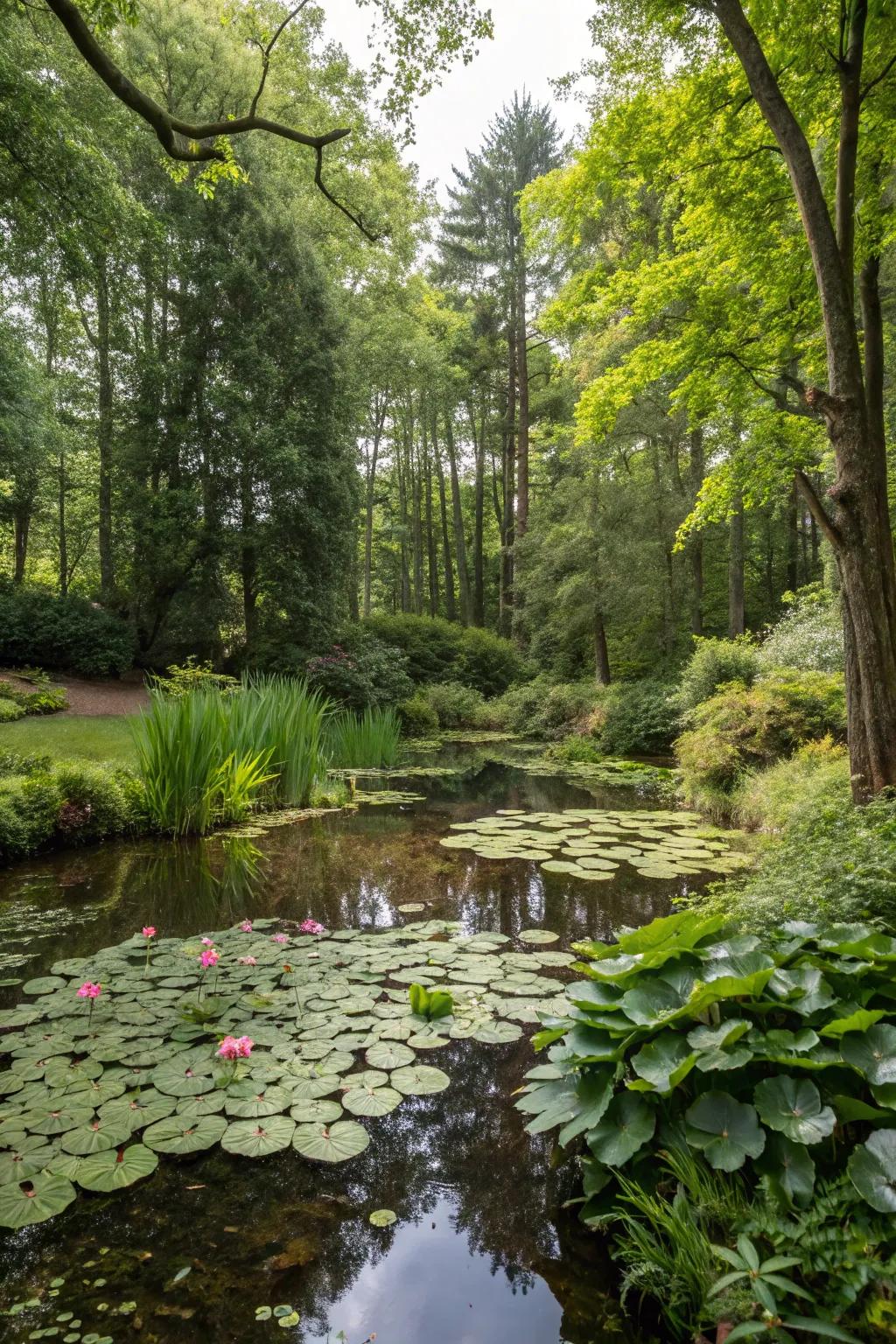 A small pond adds tranquility and beauty to the woodland garden.