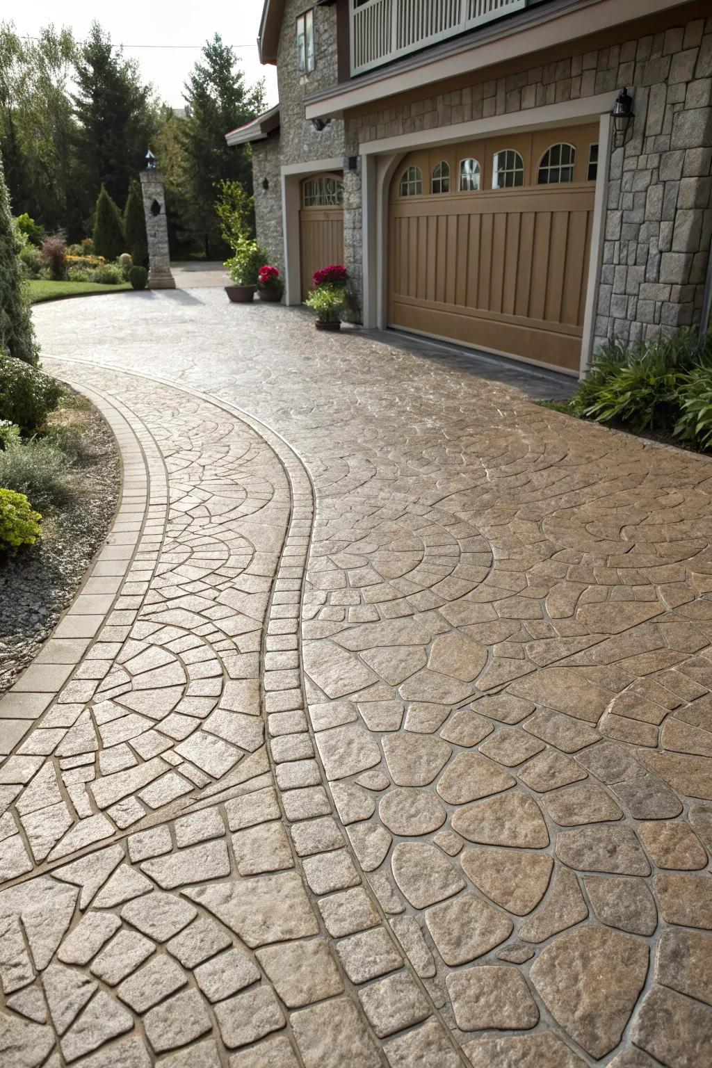 Textured surfaces with cobblestones and stamped concrete for added interest.