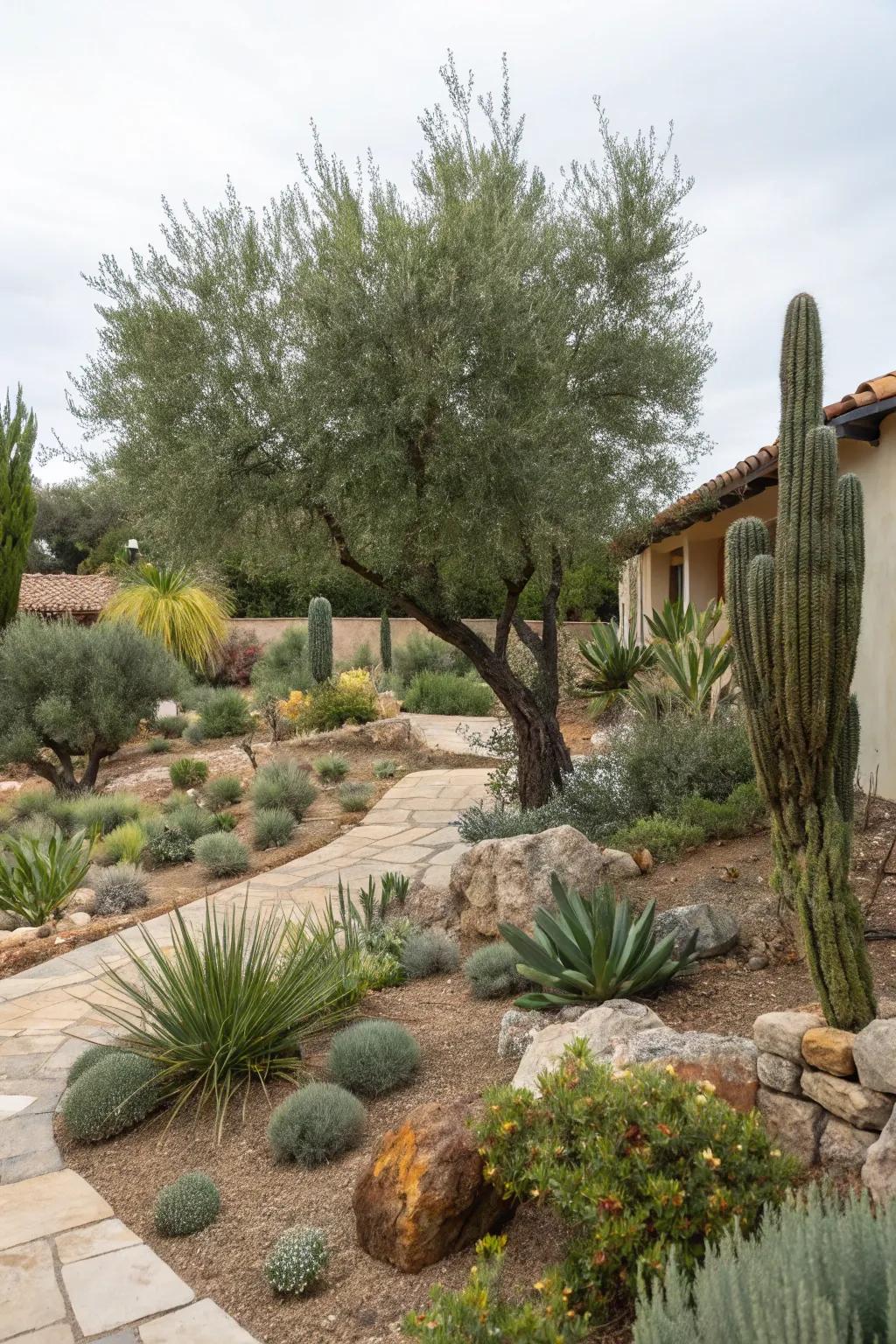 A Mediterranean and desert-themed xeriscape front yard.