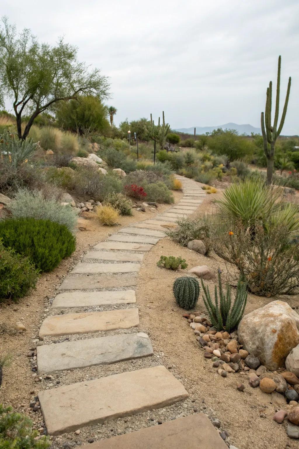 Stepping stones create a structured path in this xeriscape.