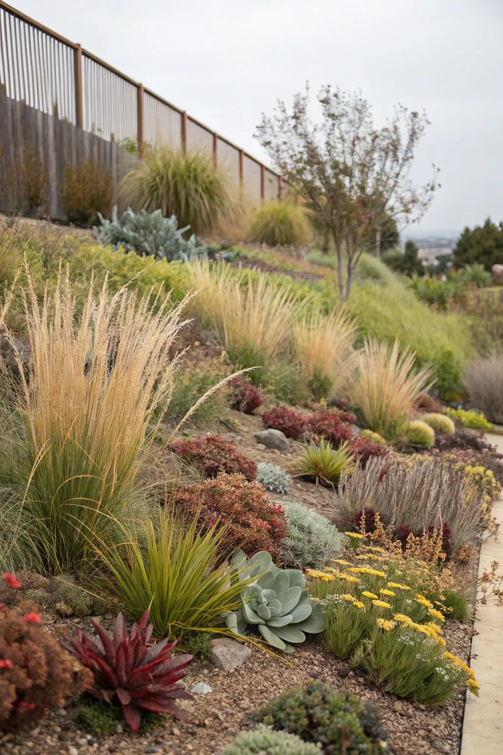 Layered planting adds depth to a xeriscape garden.