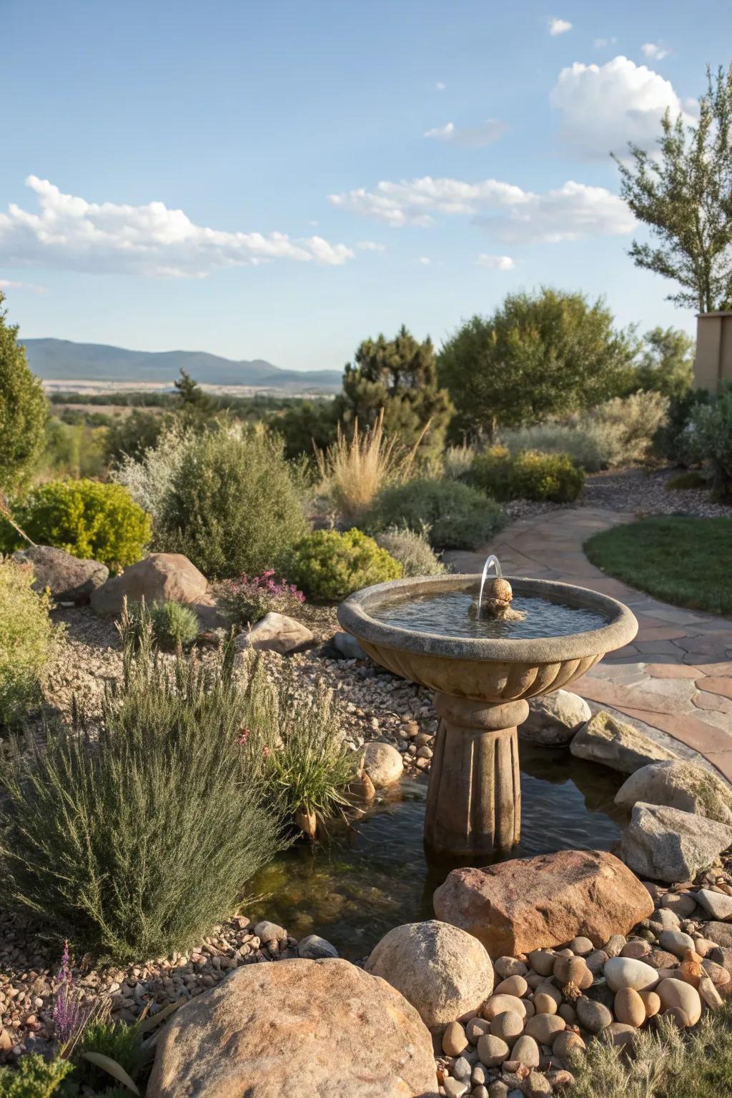 A small, sustainable birdbath as a focal point in a New Mexico garden.