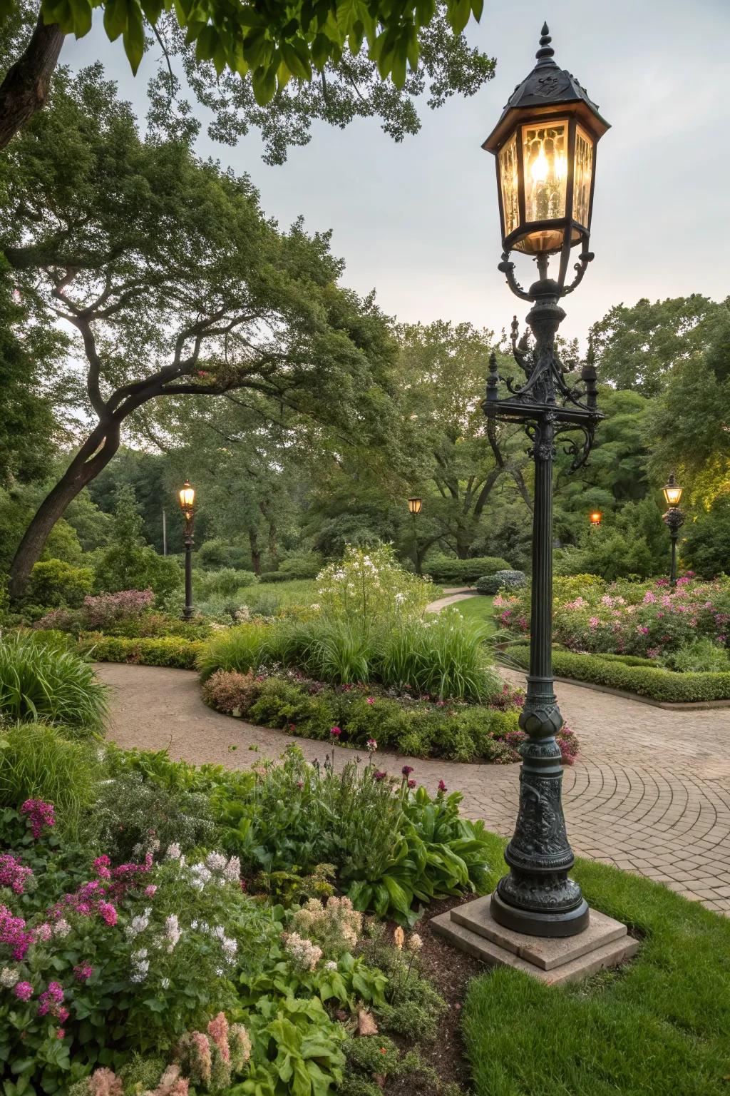 A garden island featuring a lamp post for added elegance and functionality.