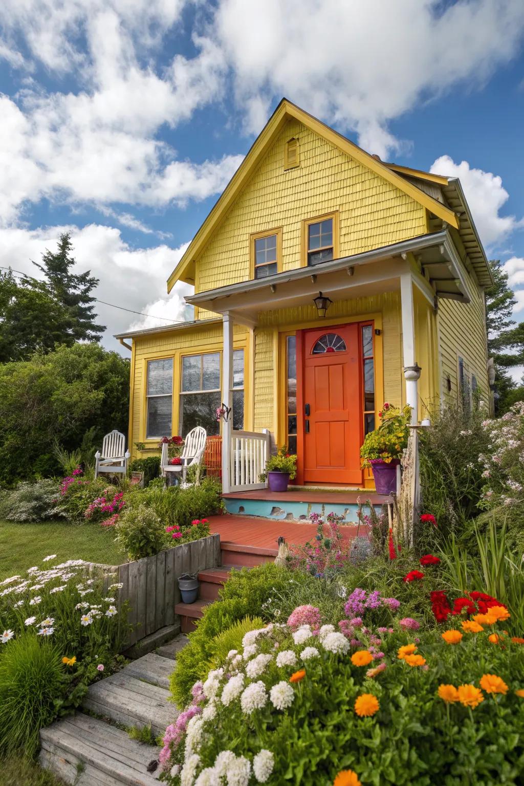 Orange doors add a playful pop to yellow exteriors.