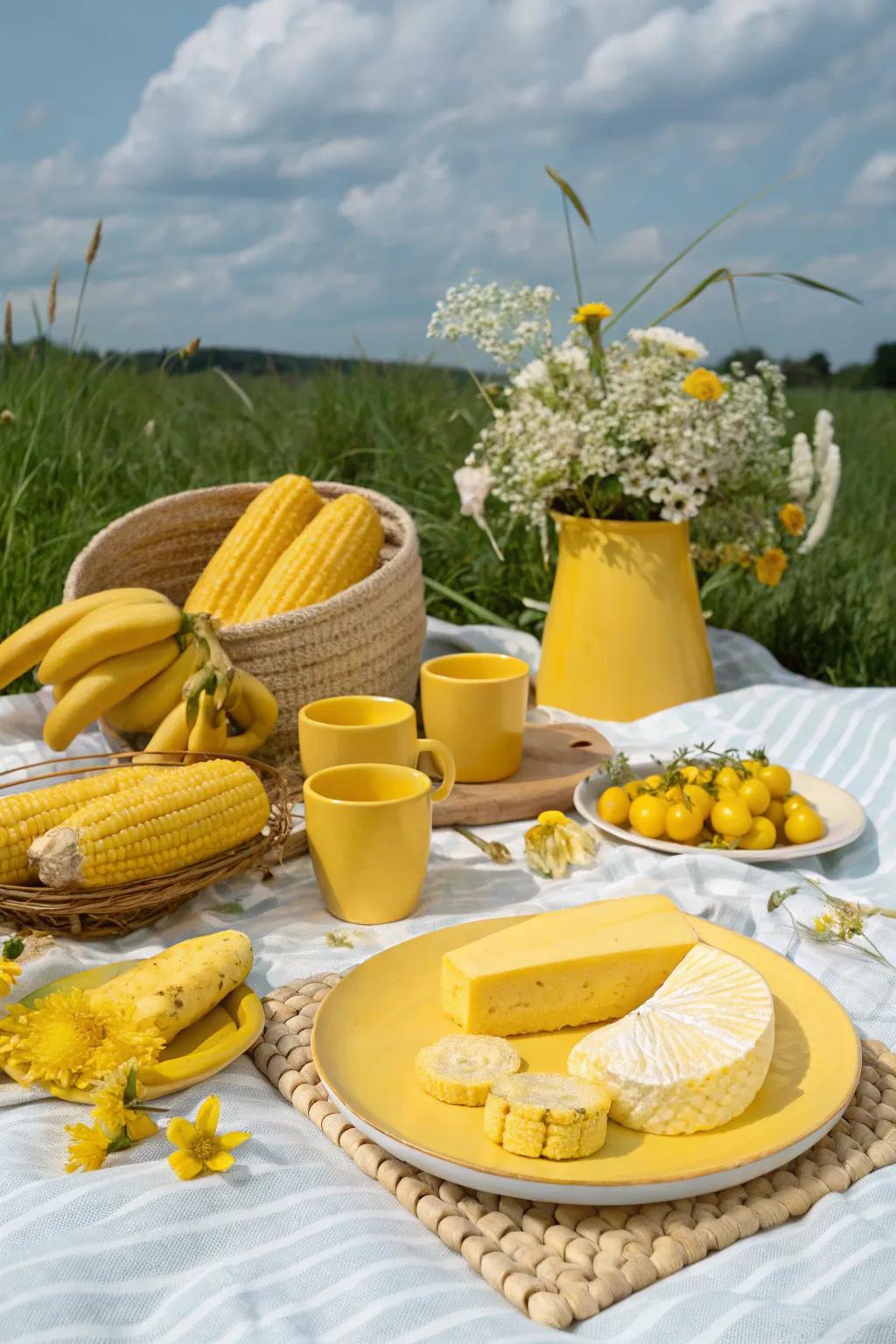 An Instagram-worthy picnic spread with vibrant yellow accents.