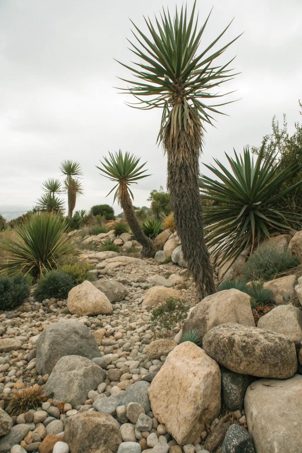 Yucca plants enhancing a rock garden's texture.