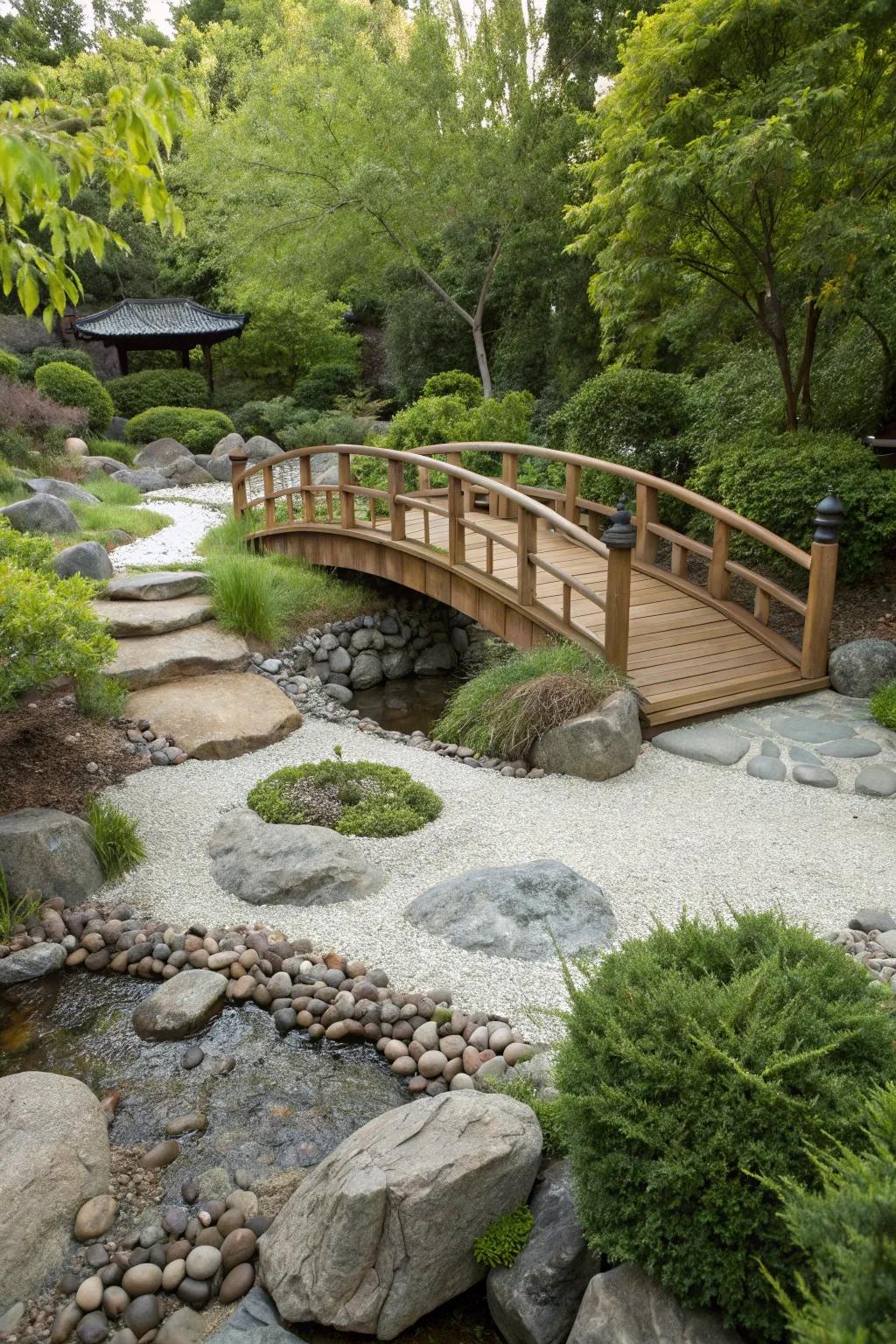 A wooden bridge enhances the sense of journey.