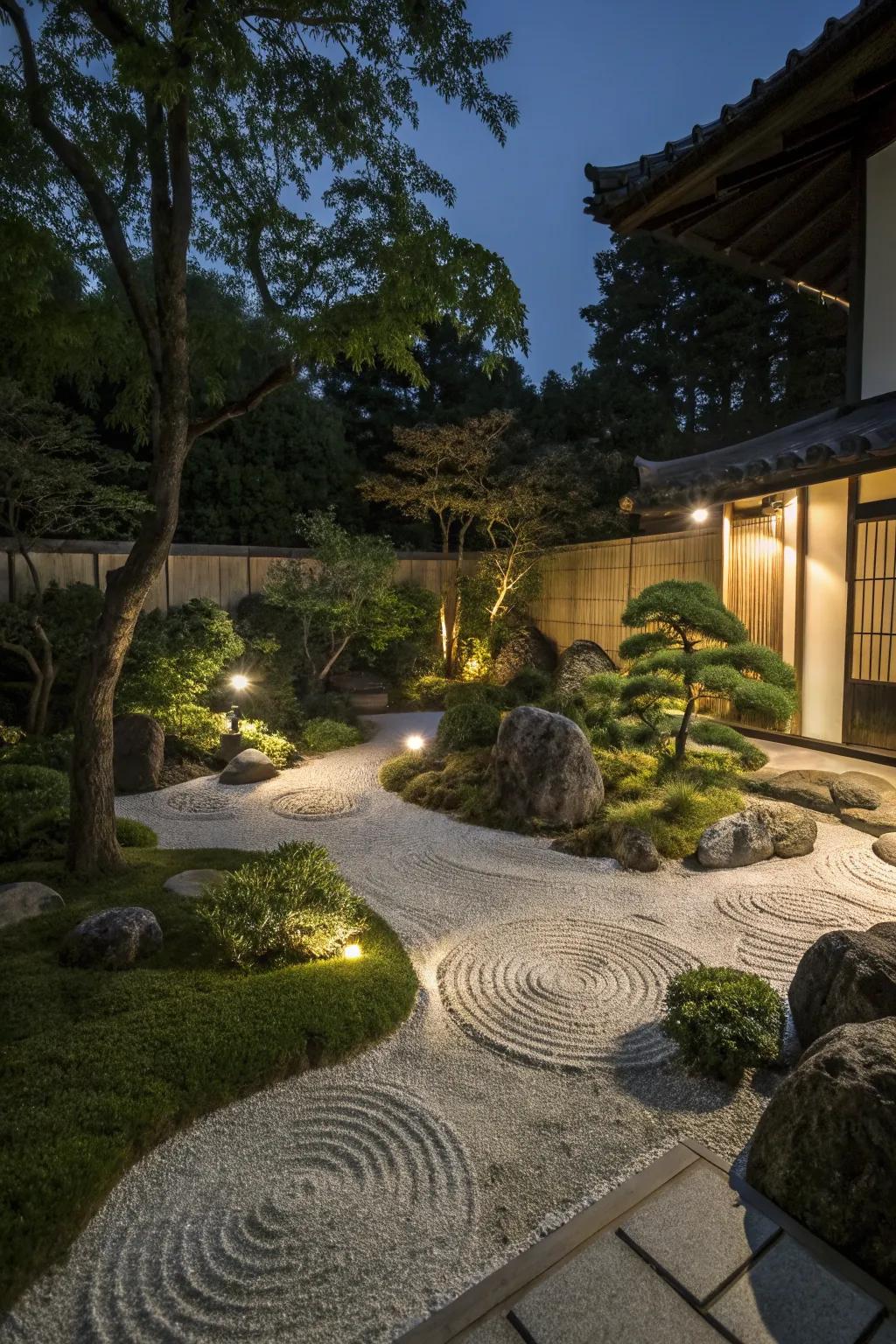Subtle lighting transforms a zen garden into a magical night retreat.
