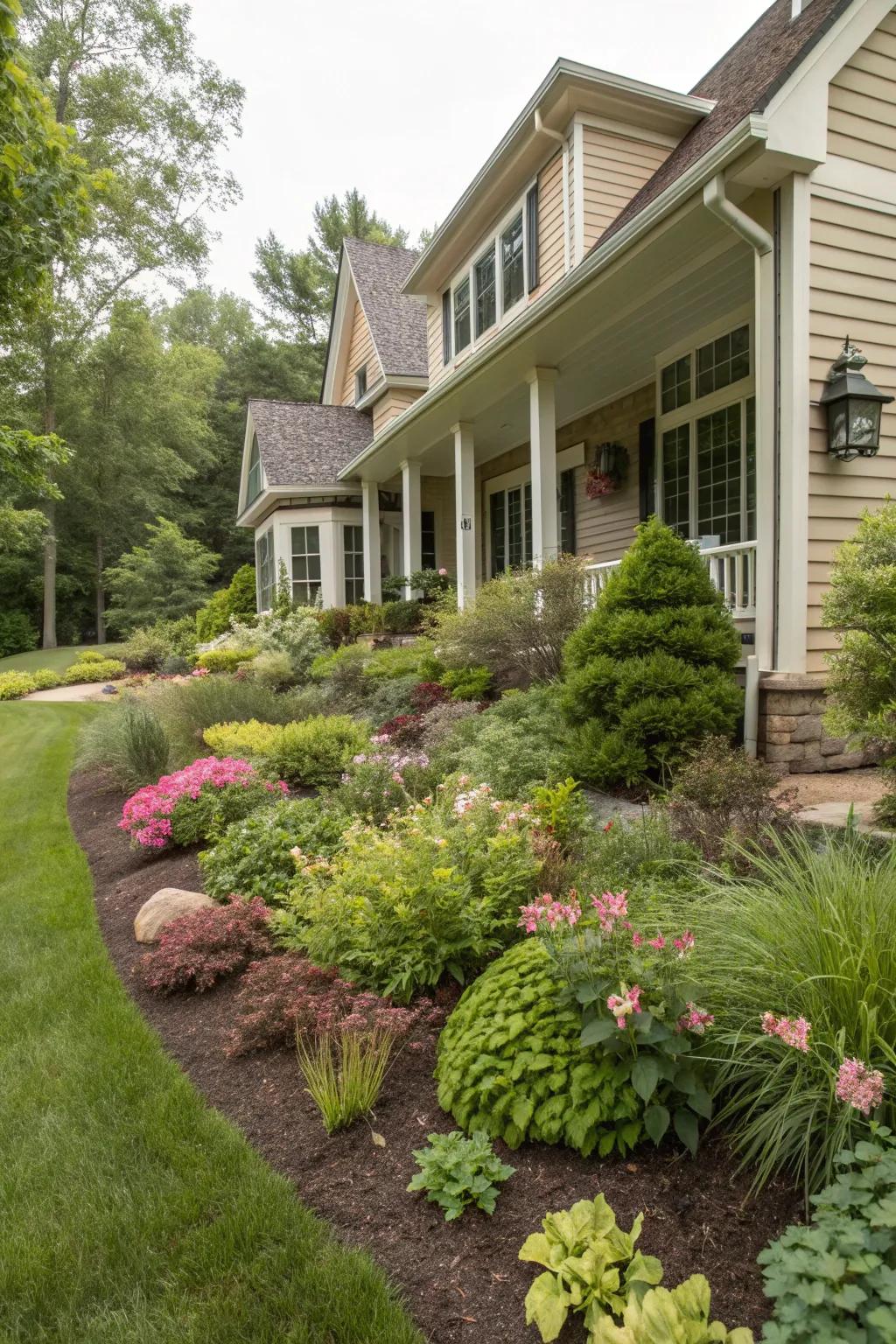 Foundation planting enhances the home's aesthetic and depth.