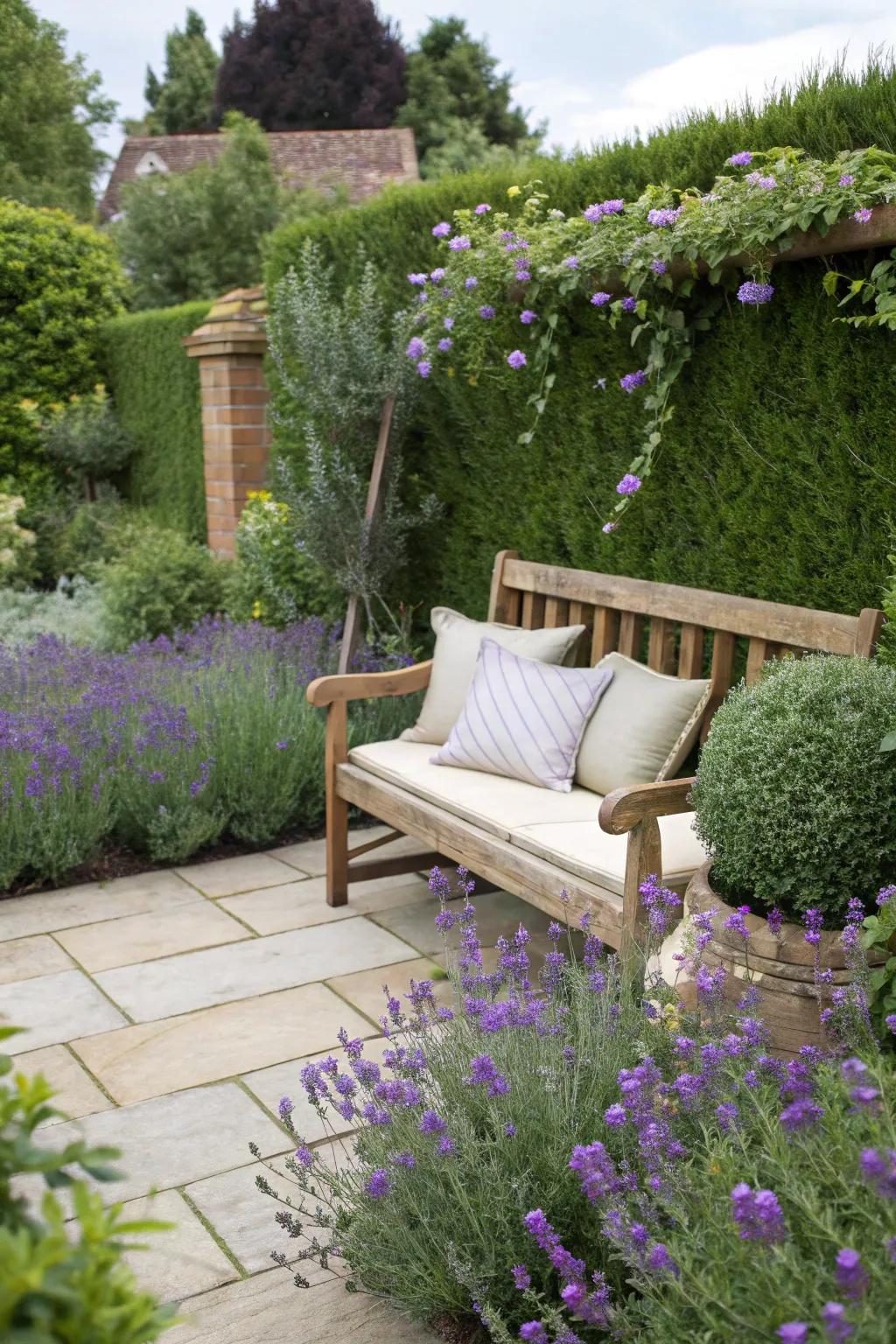 A garden nook offers a peaceful retreat.