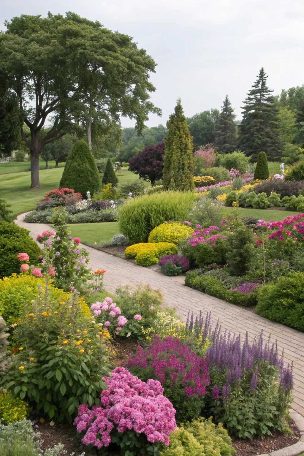 A zone 8b garden with mixed plantings of trees, shrubs, and flowers.
