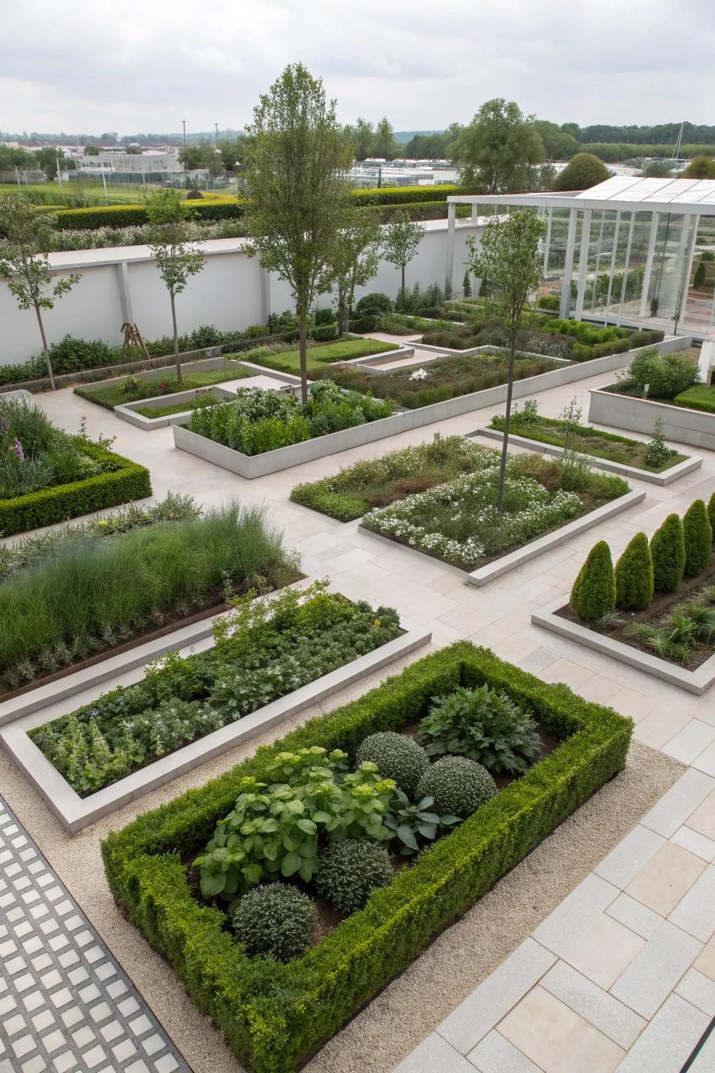 A modern garden with sleek lines and structured planting.