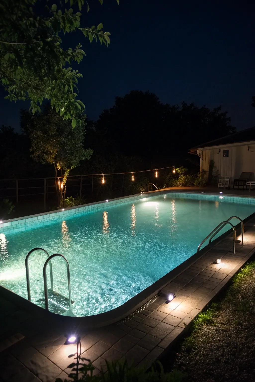A magical nighttime view of a 16x32 inground pool with underwater lights.