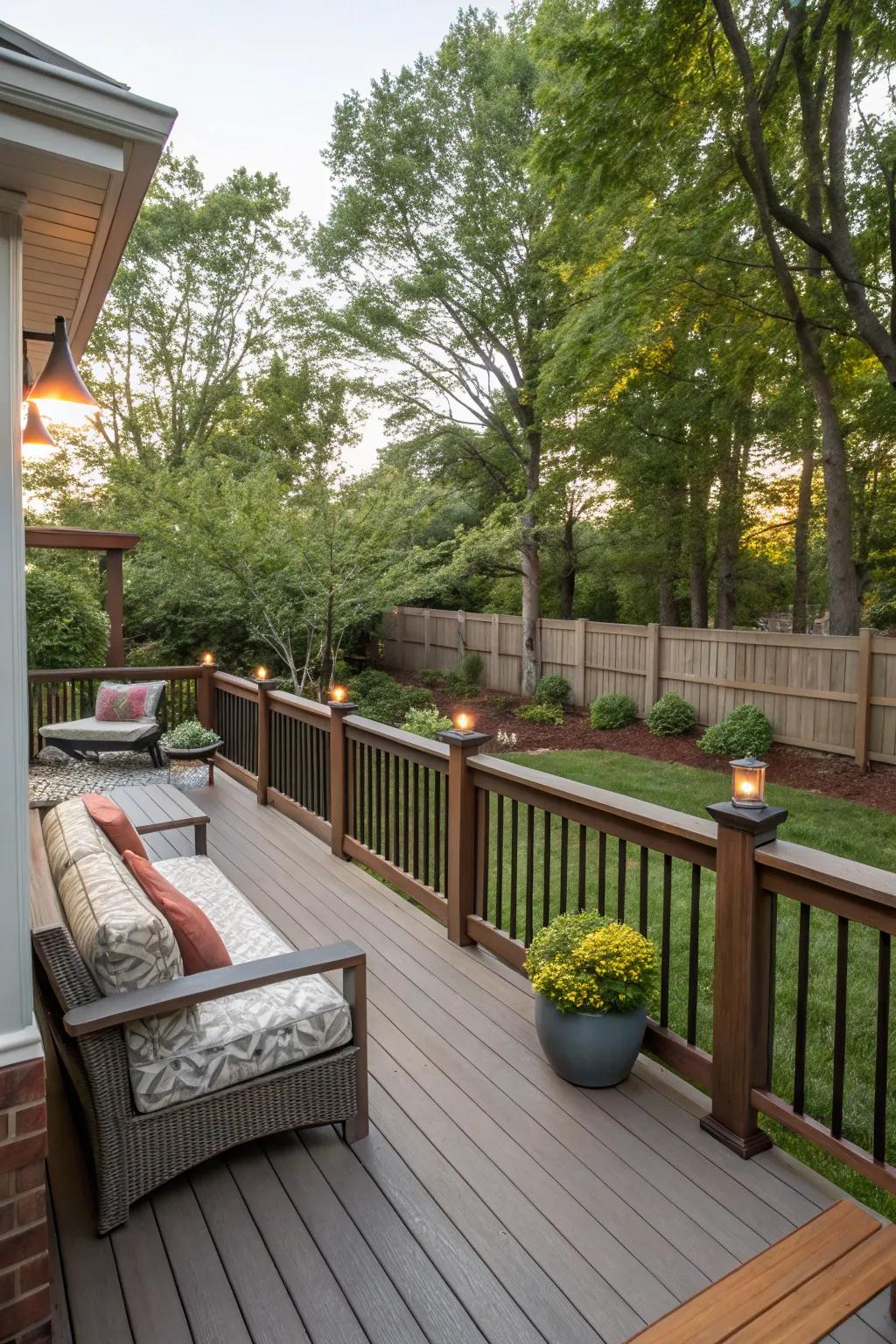 Built-in seating incorporated into 2x6 deck railing for added comfort.