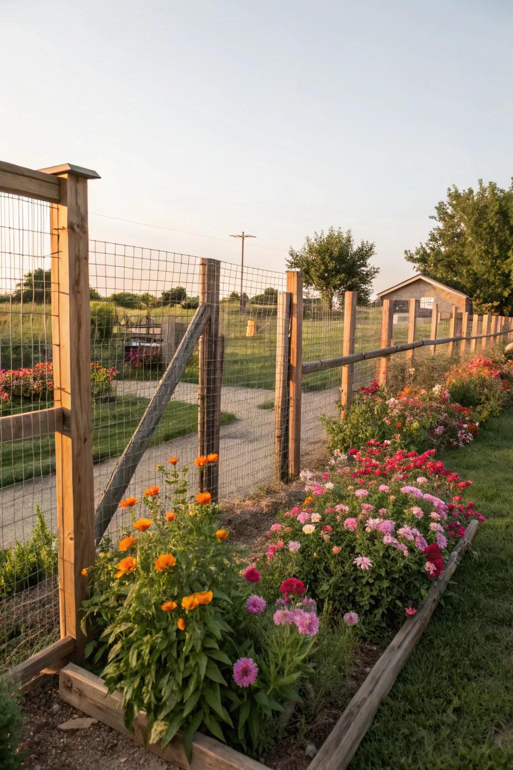 Achieve an airy look with a wire and wood fence combination.
