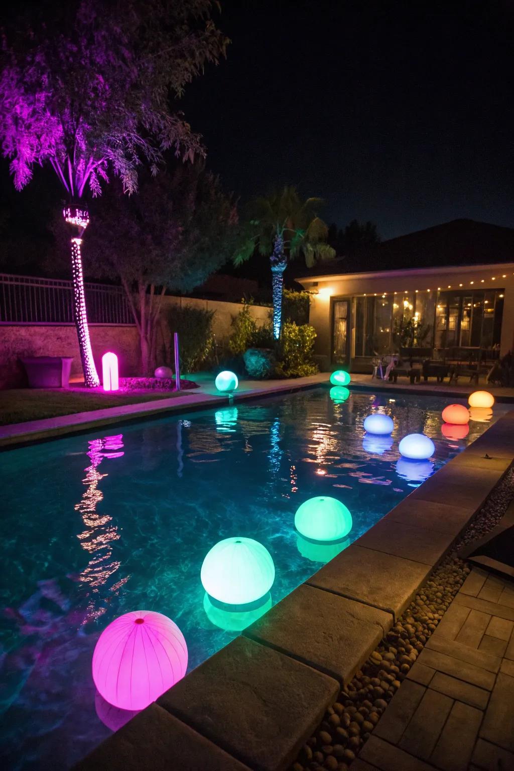A dazzling glow-in-the-dark pool party full of vibrant lights.