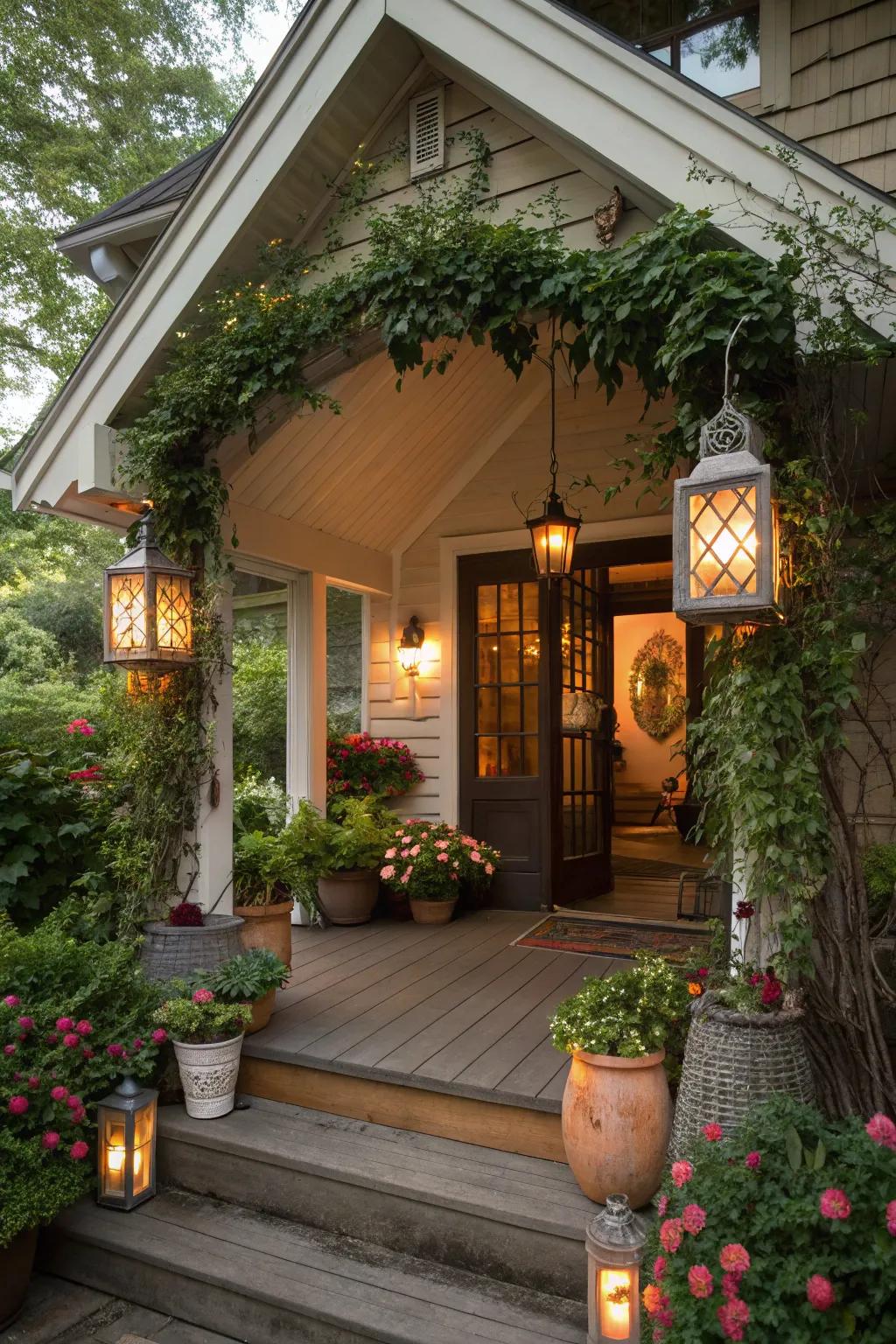 An inviting entrance with lush greenery sets a welcoming tone.
