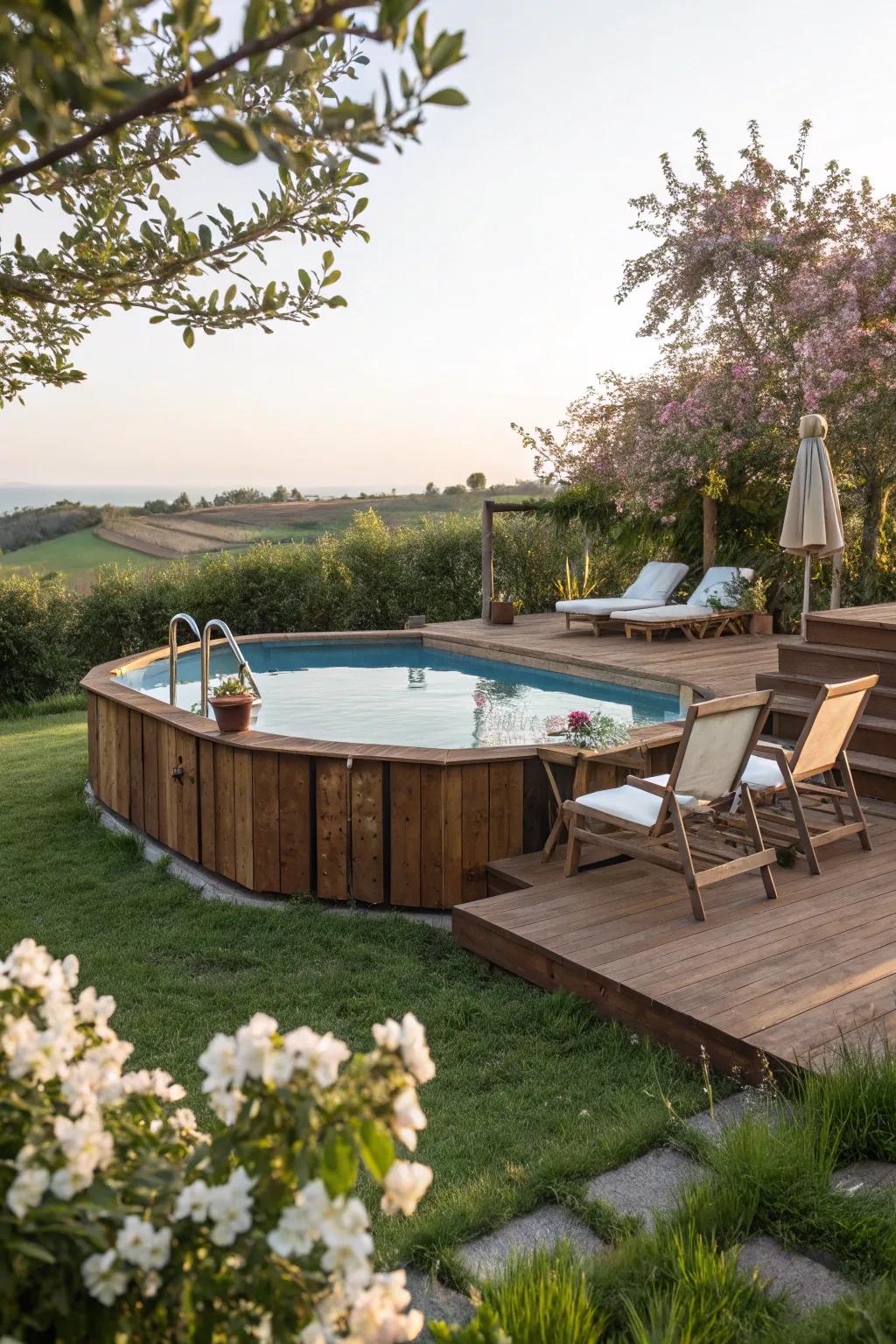 Raised platforms provide a perfect spot for sunbathing by the pool.