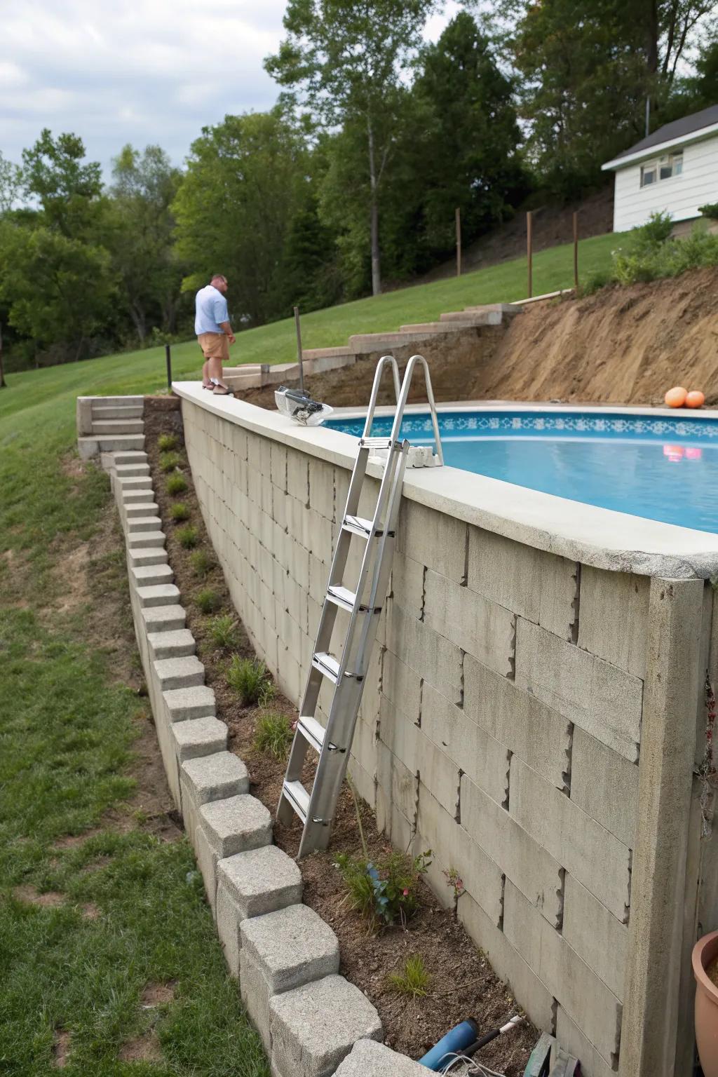 Retaining walls provide essential support on slopes.
