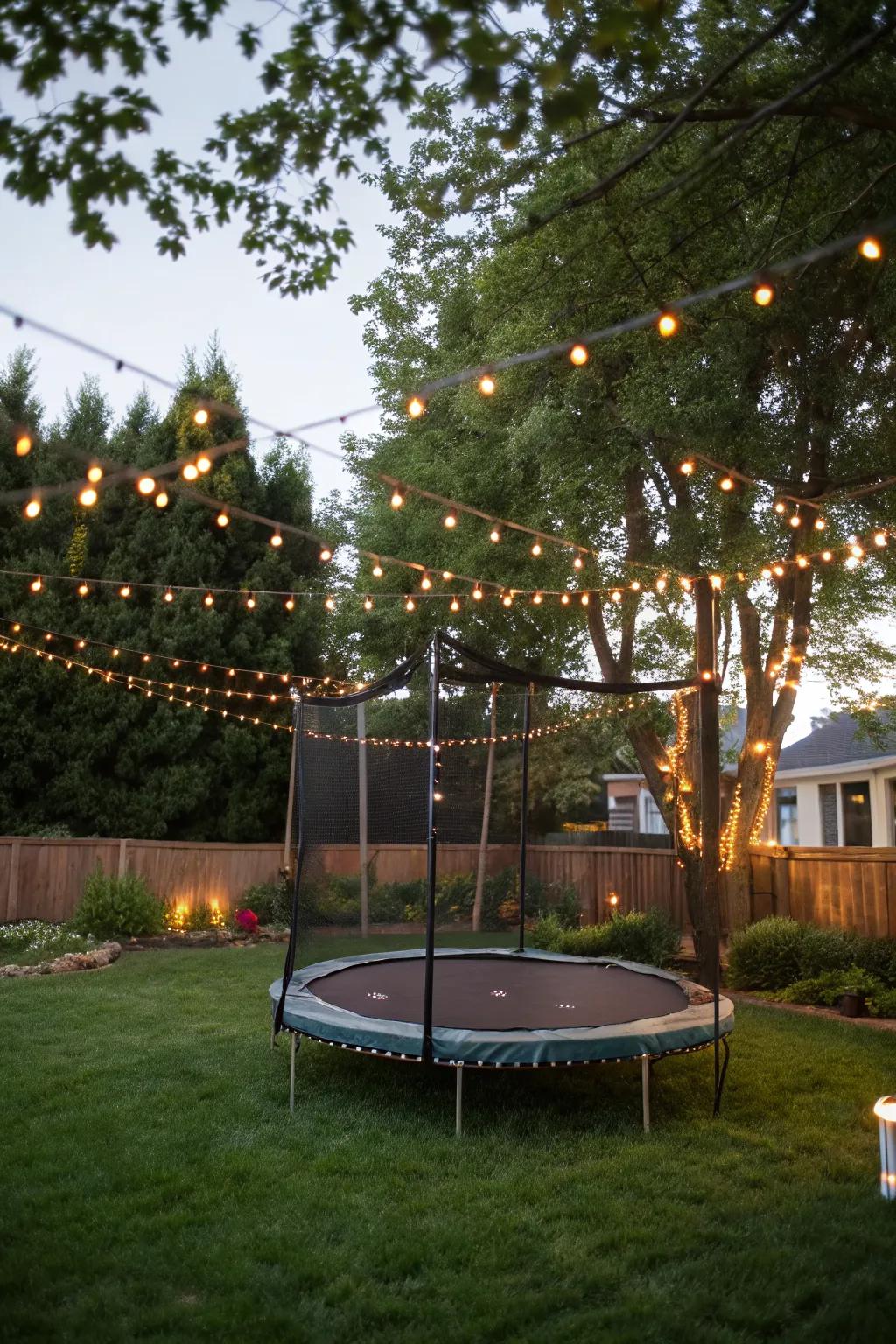 Solar-powered lights add a magical glow to your trampoline area.