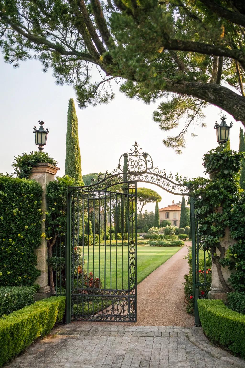 A stylish gate provides privacy and elegance at the entrance of a sprawling property.