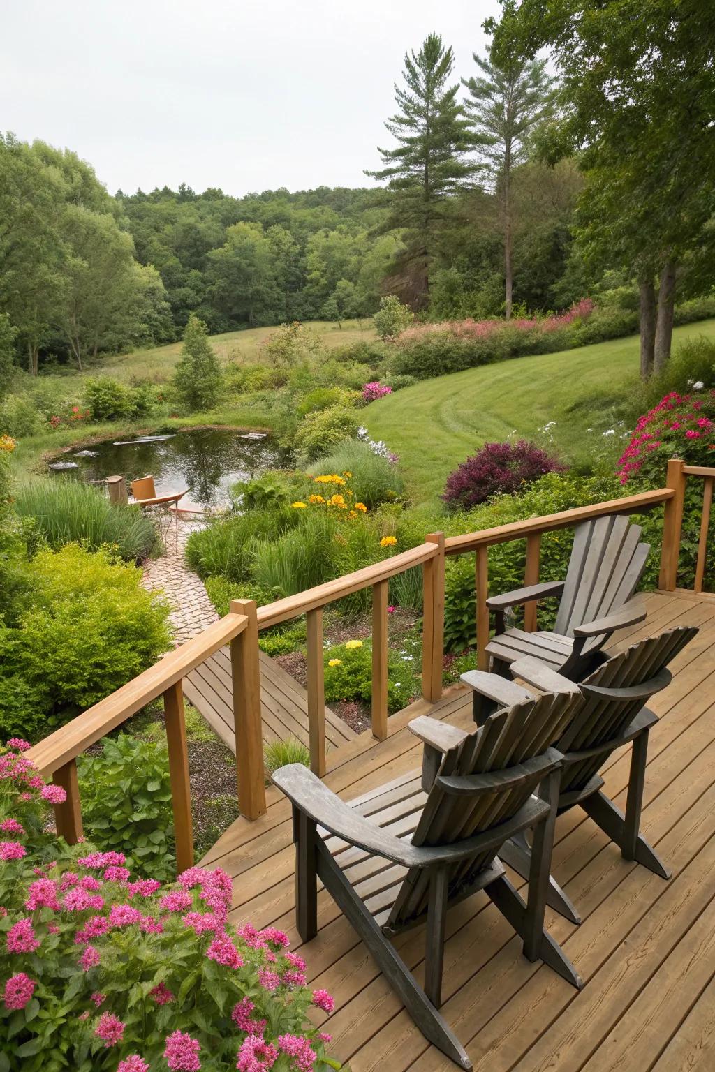 Floating deck with Adirondack chairs for a chic outdoor lounge.