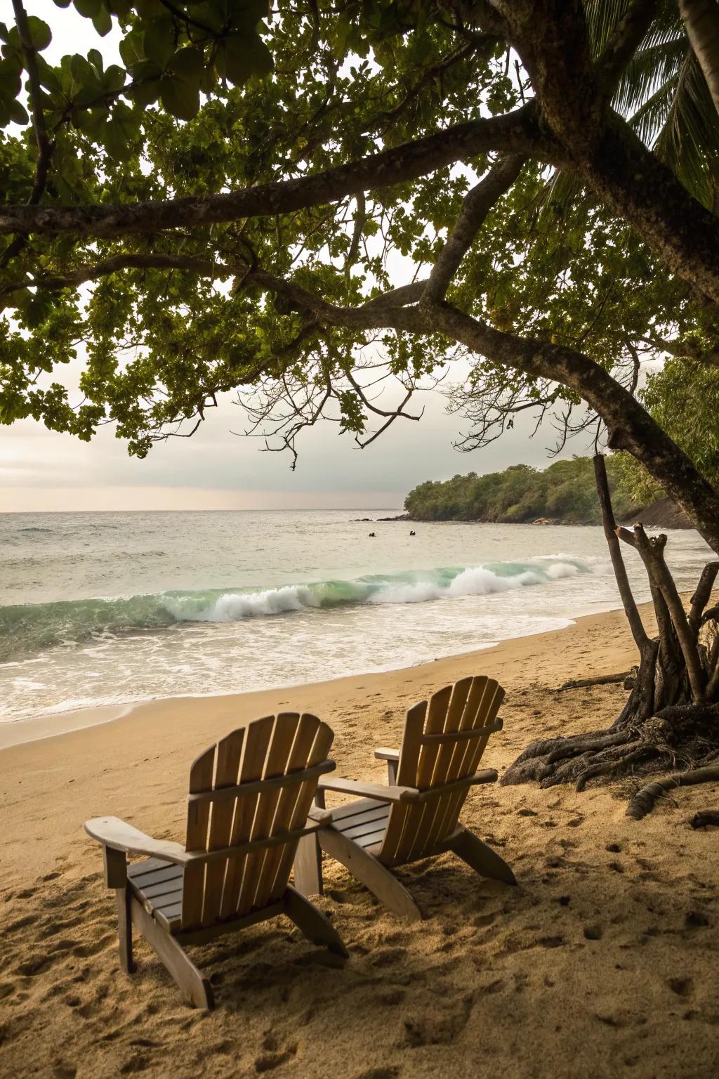 Adirondack chairs provide a blissful beachside escape.