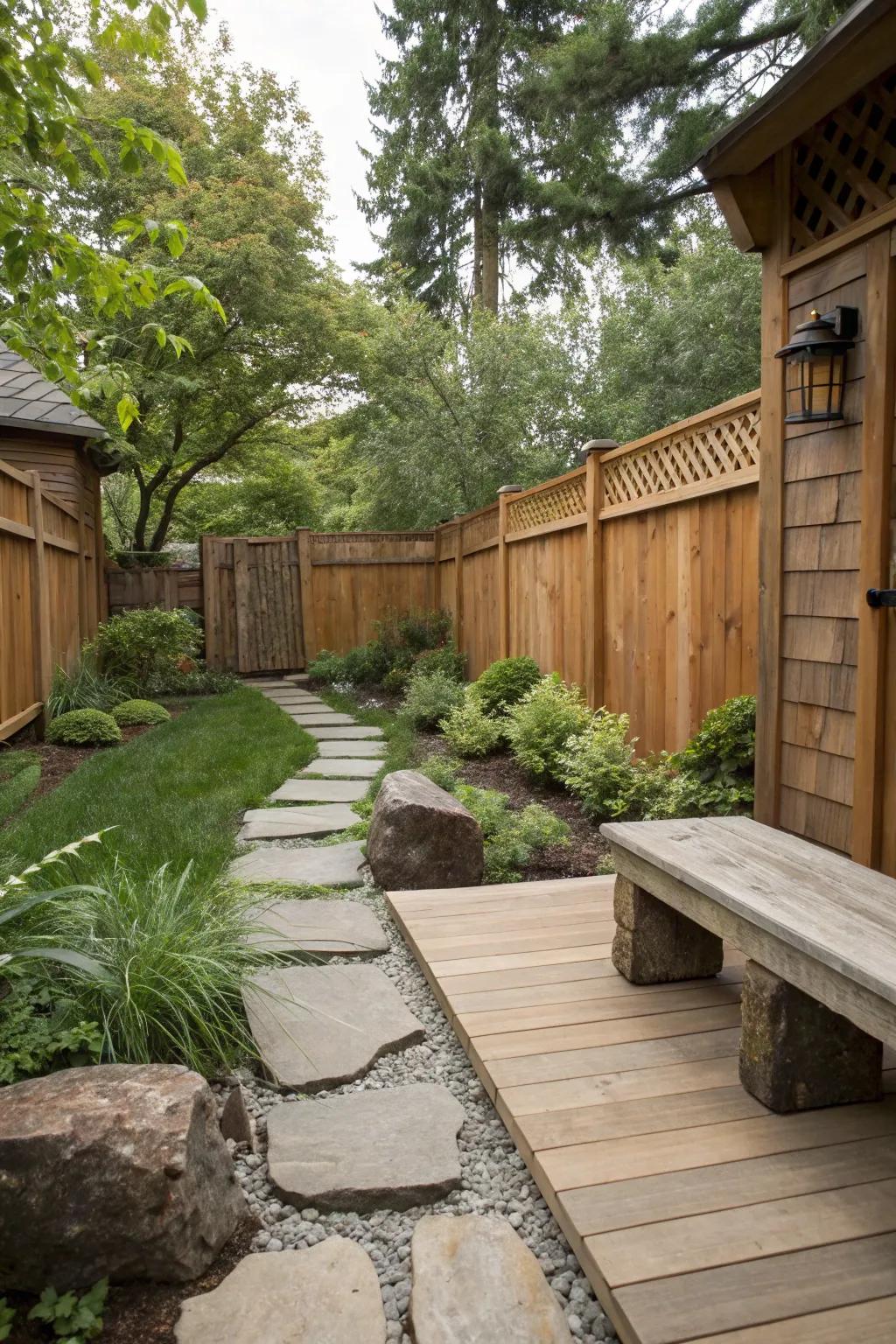 Earthy backyard design with natural wood and stone features.
