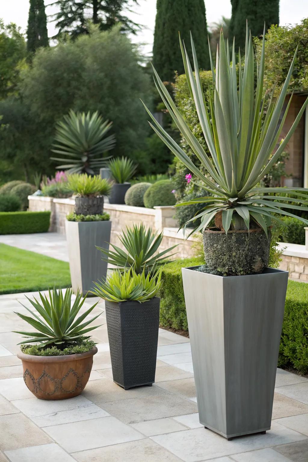 Agave in containers for versatile garden design.