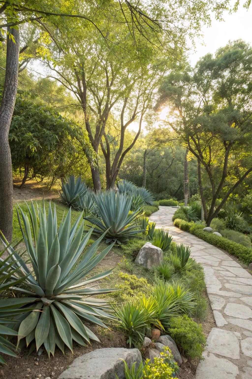 Harmonious garden with agaves and lush greenery.