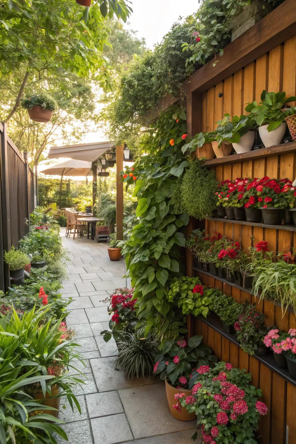 A vibrant alfresco space with lush greenery.